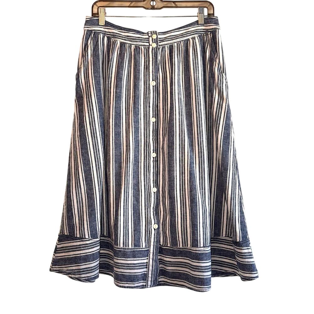 Peyton & Parker Blue Striped Midi Skirt Linen Button-Front Pockets Women's 8